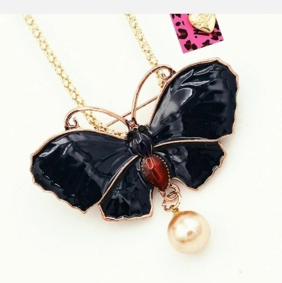 BETSEY Johnson 28" Butterfly Deep Blue Enamel Necklace Brooch Pin NEW - Picture 7 of 8